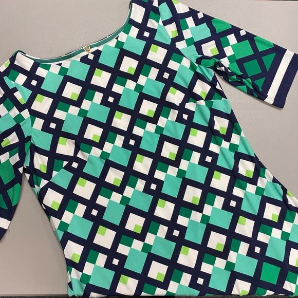 Eliza J Dress Green White Geometric Pattern Half Sleeve Striped Hem Size 8 - Picture 1 of 6